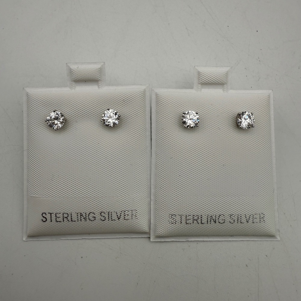 2 Sets Sterling Silver Round Cut Cubic Zirconia CZ Stud Earrings Unisex Jewelry